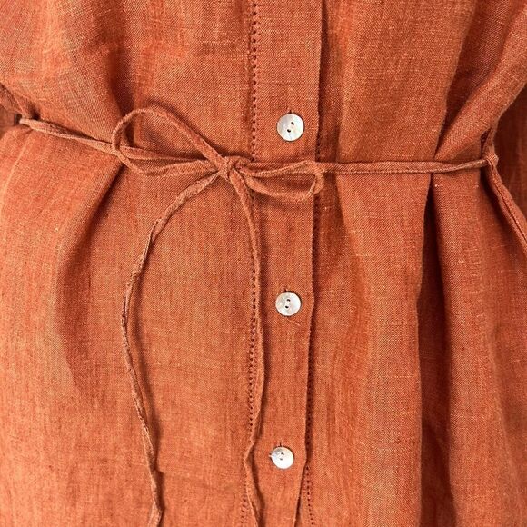 Camaieu Tunic Dress 💯 Linen Collar V Neck Rust Burnt Orange Belted 3/4 Sleeves - Picture 8 of 13